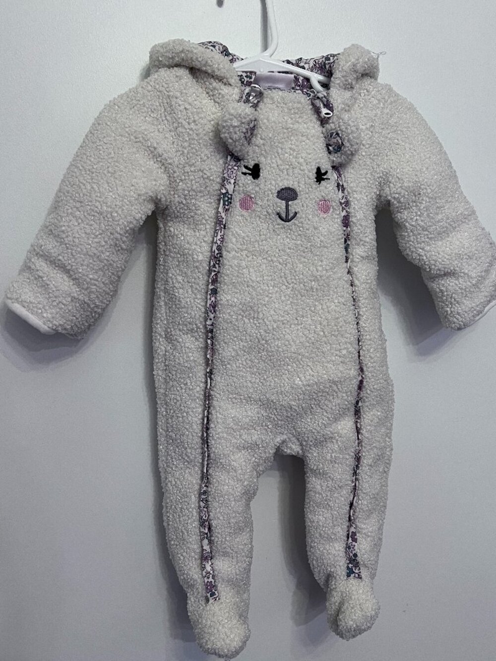 Little Lass Fleece Hooded Bear winter Jumpsuit – Size 3/6 Months
